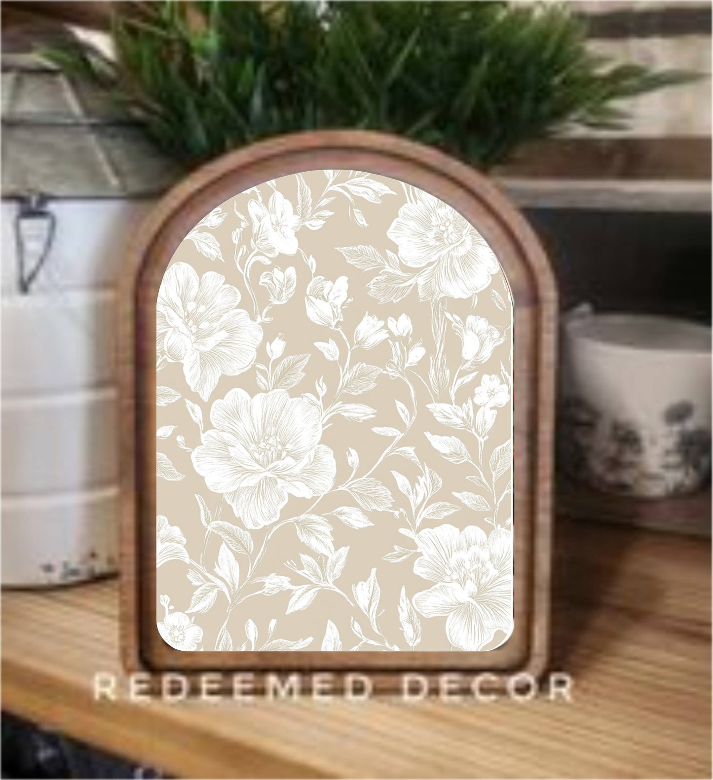 Arch Top Taupe White Floral Framed Art
