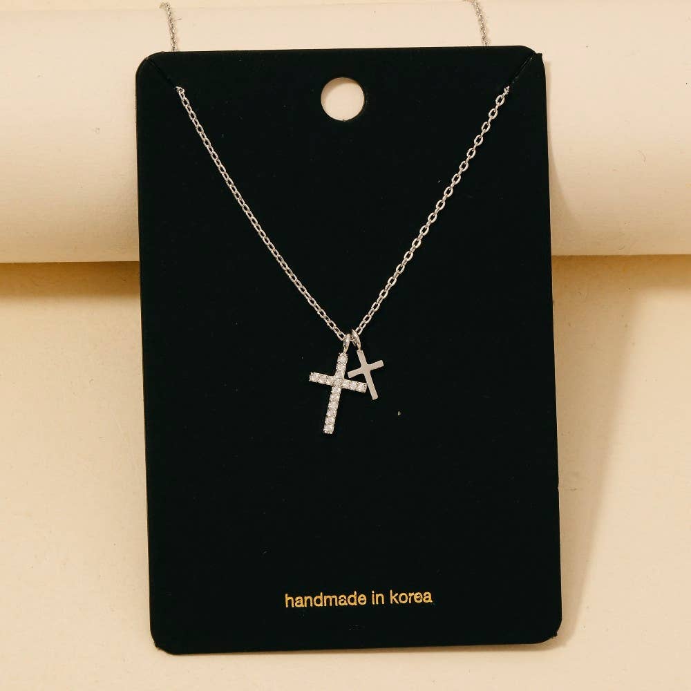 Cz Pave Double Cross Pendant Necklace