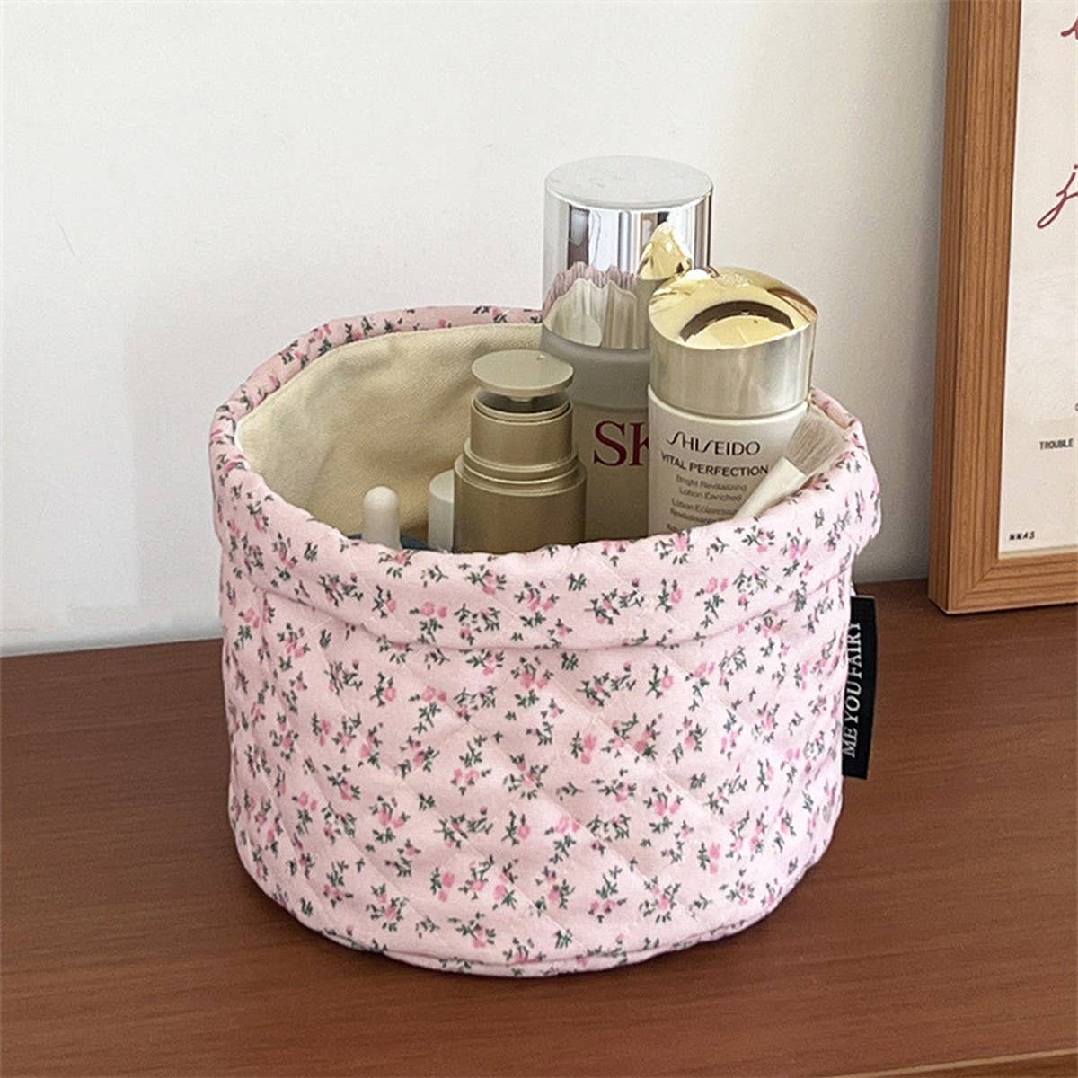 Quilted Floral Bucket Makeup Bag Travel Organizer