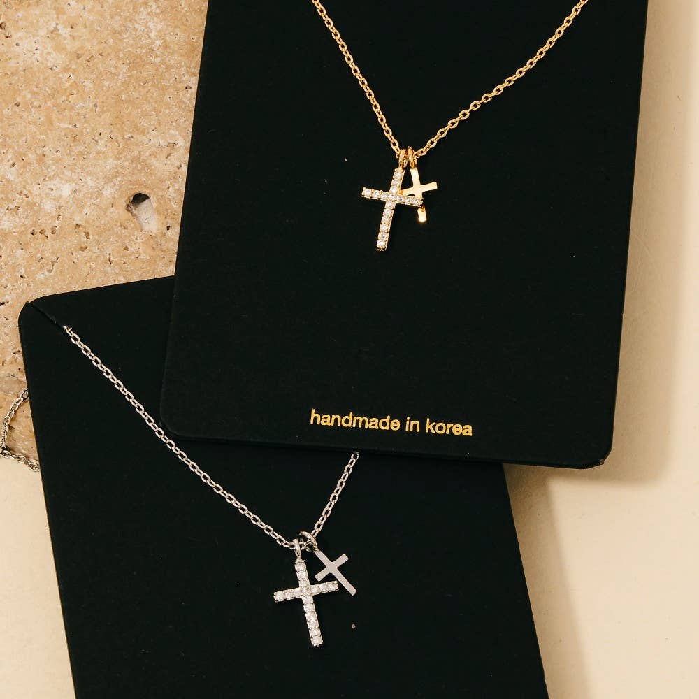 Cz Pave Double Cross Pendant Necklace