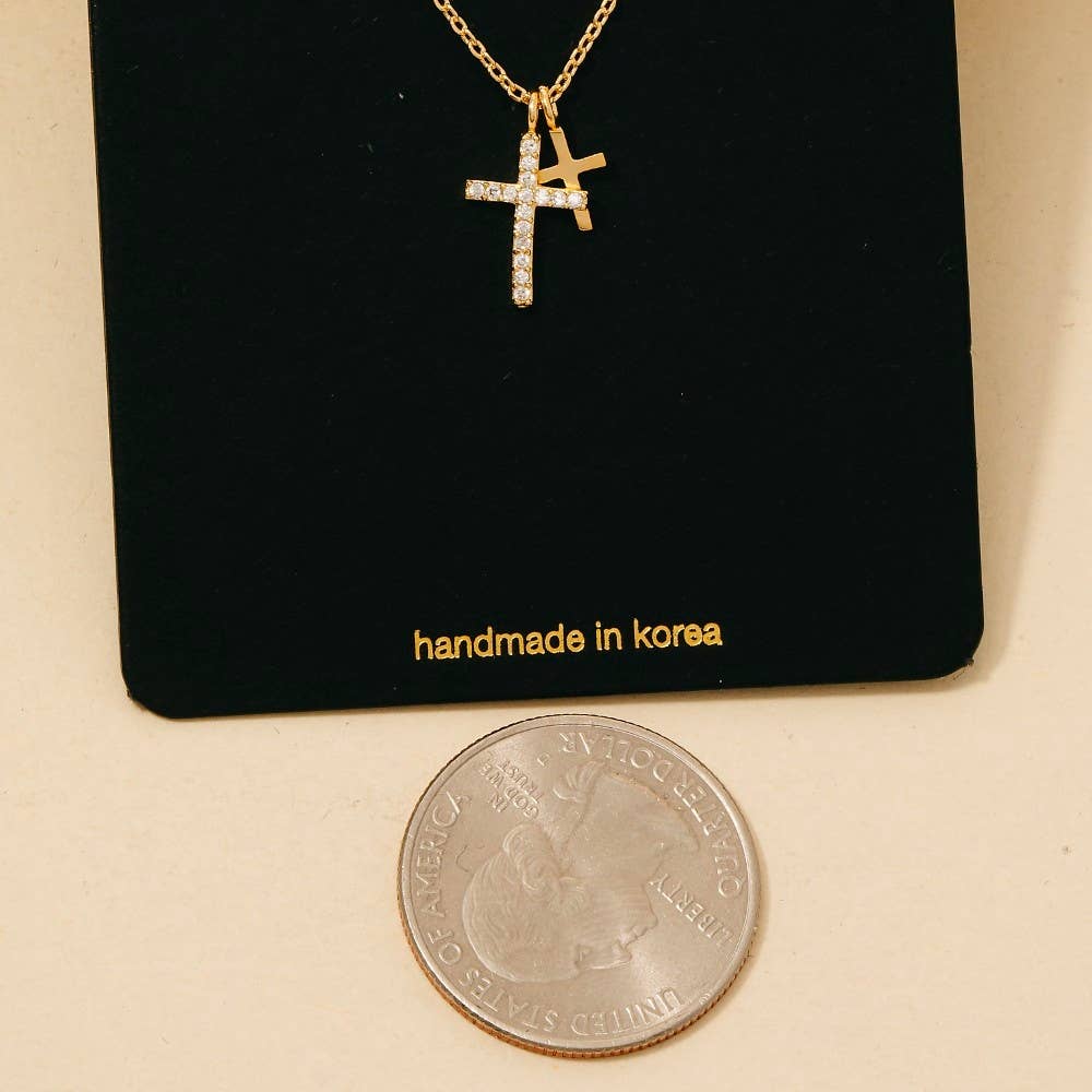 Cz Pave Double Cross Pendant Necklace