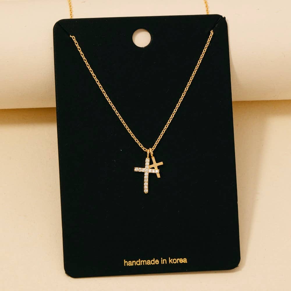 Cz Pave Double Cross Pendant Necklace