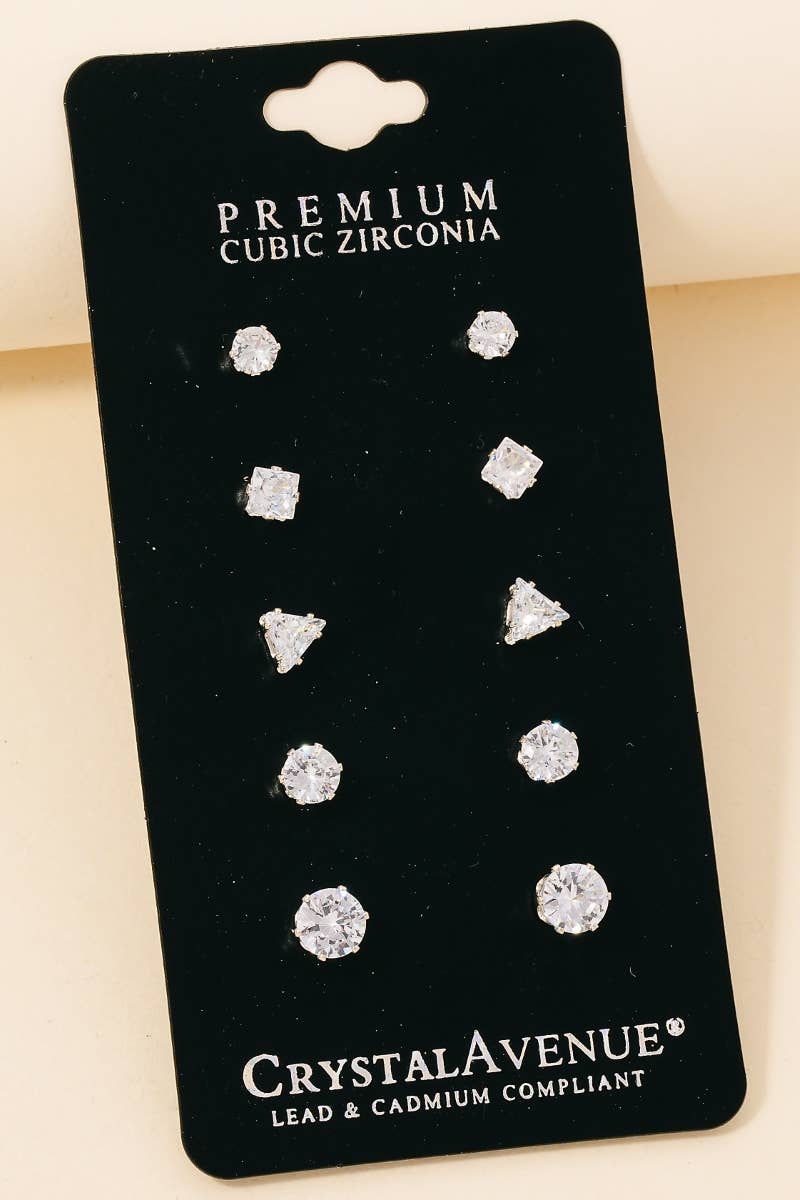 5 Pair Cz Stud Earrings Set