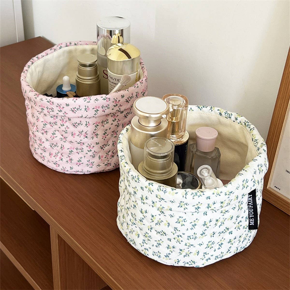 Quilted Floral Bucket Makeup Bag Travel Organizer